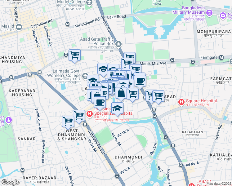 map of restaurants, bars, coffee shops, grocery stores, and more near Dhanmondi Lake Road in Dhaka
