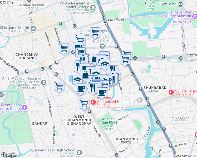 map of restaurants, bars, coffee shops, grocery stores, and more near 13 Block #C in Dhaka