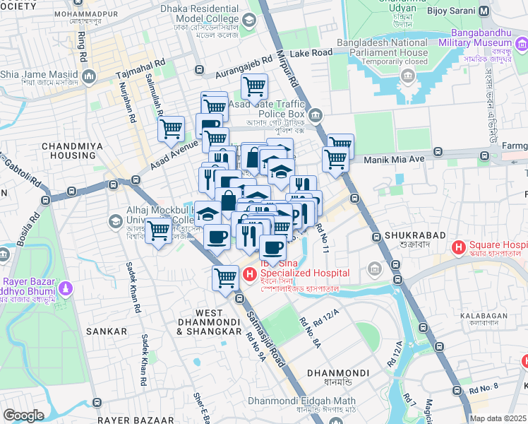 map of restaurants, bars, coffee shops, grocery stores, and more near 13 Block #C in Dhaka