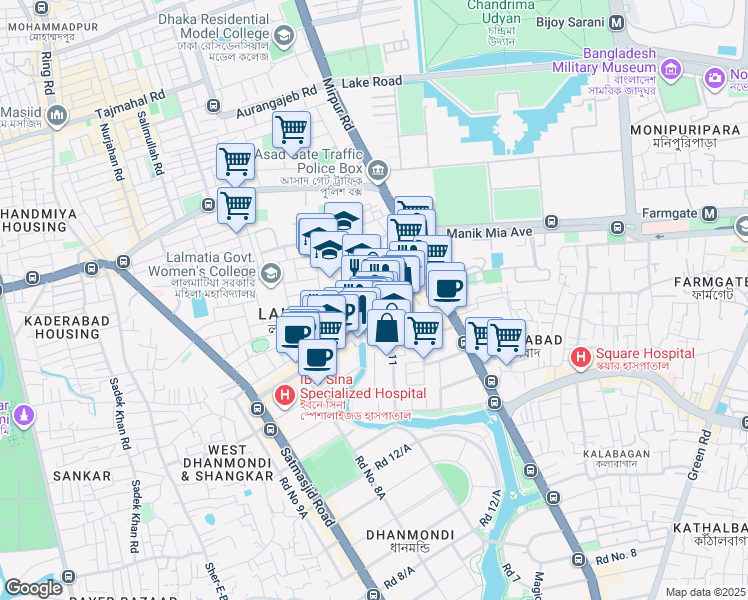 map of restaurants, bars, coffee shops, grocery stores, and more near Avenue # 1 Block-C in Dhaka