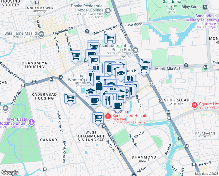 map of restaurants, bars, coffee shops, grocery stores, and more near 9 Block-C in Dhaka