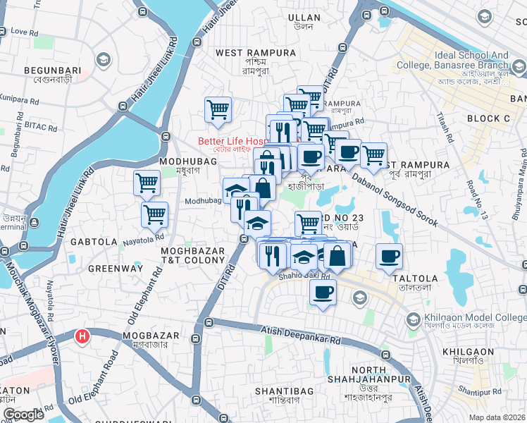 map of restaurants, bars, coffee shops, grocery stores, and more near Shahid Muktijoddha Faruk Ikbal and Taslim Road in Dhaka