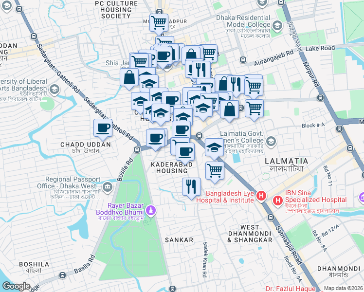 map of restaurants, bars, coffee shops, grocery stores, and more near Sadek Khan Road in Dhaka