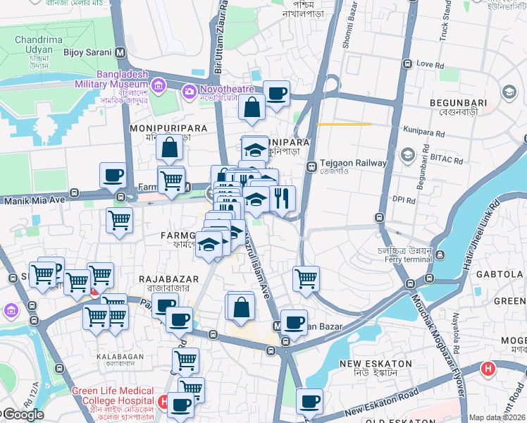 map of restaurants, bars, coffee shops, grocery stores, and more near Farmgate-Tejturi Bazar Rd in Dhaka