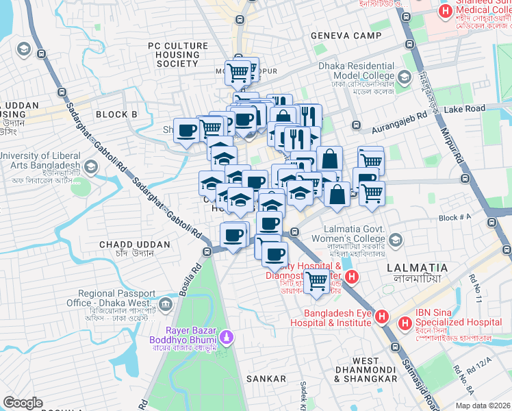 map of restaurants, bars, coffee shops, grocery stores, and more near Sher-E-Bangla Road in Dhaka