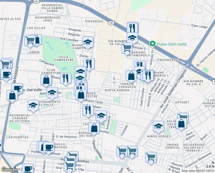 map of restaurants, bars, coffee shops, grocery stores, and more near 118 Autralis in Ciudad Victoria