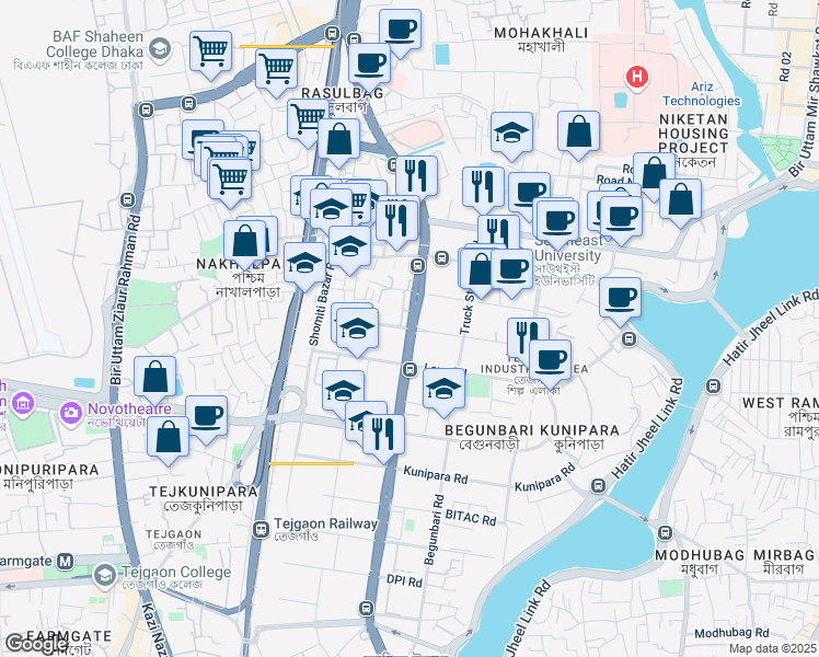 map of restaurants, bars, coffee shops, grocery stores, and more near Shaheed Tajuddin Ahmed Avenue in Dhaka