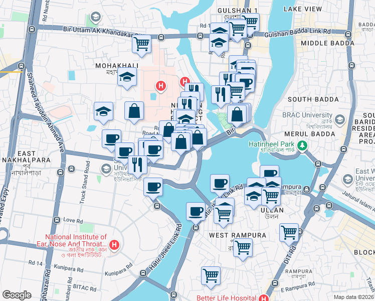 map of restaurants, bars, coffee shops, grocery stores, and more near Bir Uttam Mir Shawkat Sarak in Dhaka