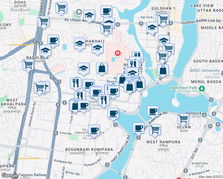 map of restaurants, bars, coffee shops, grocery stores, and more near 213 Bir Uttam Mir Shawkat Sarak in Dhaka