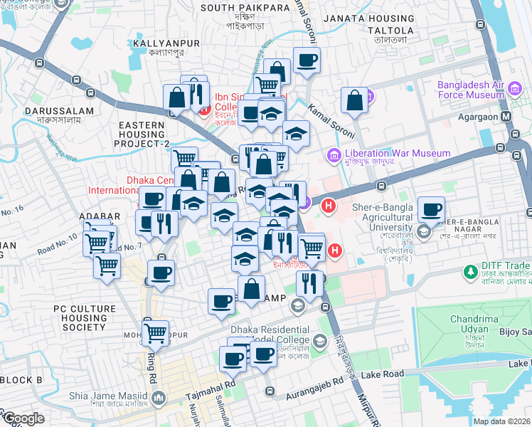 map of restaurants, bars, coffee shops, grocery stores, and more near Khilji Road in Dhaka