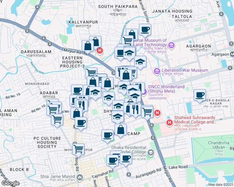 map of restaurants, bars, coffee shops, grocery stores, and more near 1207 Khilji Road in Dhaka