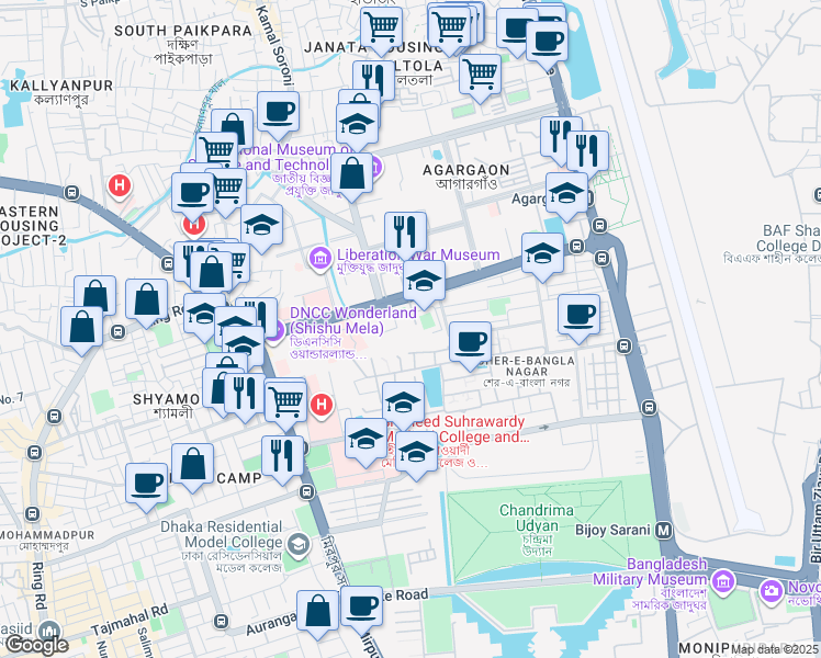 map of restaurants, bars, coffee shops, grocery stores, and more near 32 Syed Mahbub Morshed Avenue in Dhaka