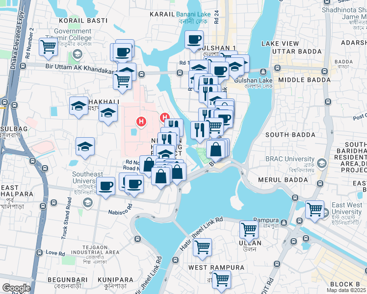 map of restaurants, bars, coffee shops, grocery stores, and more near 01 Road No. 1 in Dhaka