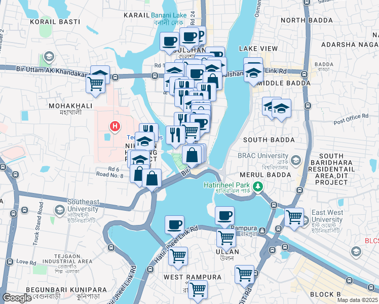 map of restaurants, bars, coffee shops, grocery stores, and more near 01 Road No. 1 in Dhaka