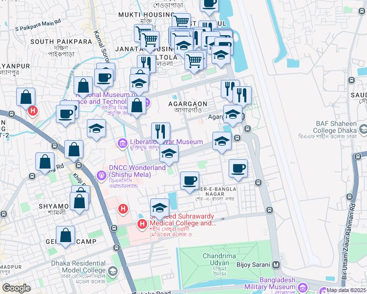 map of restaurants, bars, coffee shops, grocery stores, and more near 32 Syed Mahbub Morshed Avenue in Dhaka