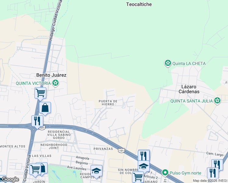 map of restaurants, bars, coffee shops, grocery stores, and more near 2614 Lapislázuli in Ciudad Victoria