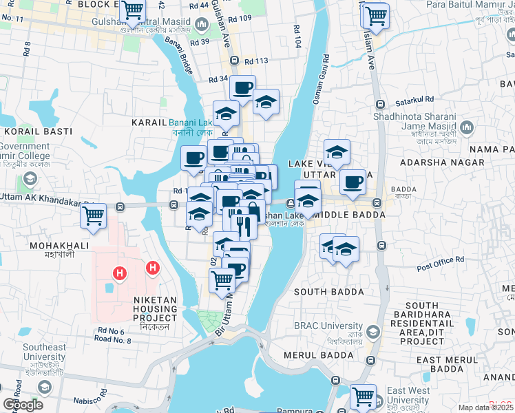 map of restaurants, bars, coffee shops, grocery stores, and more near 50/1 Gulshan Avenue in Dhaka
