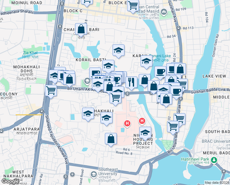 map of restaurants, bars, coffee shops, grocery stores, and more near Bir Uttam AK Khandakar Road in Dhaka
