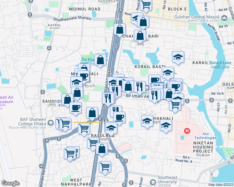 map of restaurants, bars, coffee shops, grocery stores, and more near 4 Bir Uttam AK Khandakar Road in Dhaka