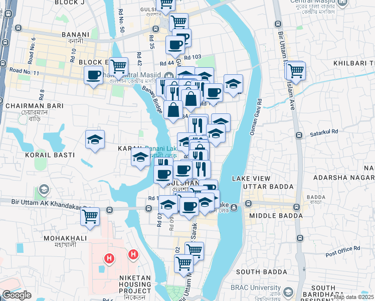 map of restaurants, bars, coffee shops, grocery stores, and more near 75 Gulshan Avenue in Dhaka