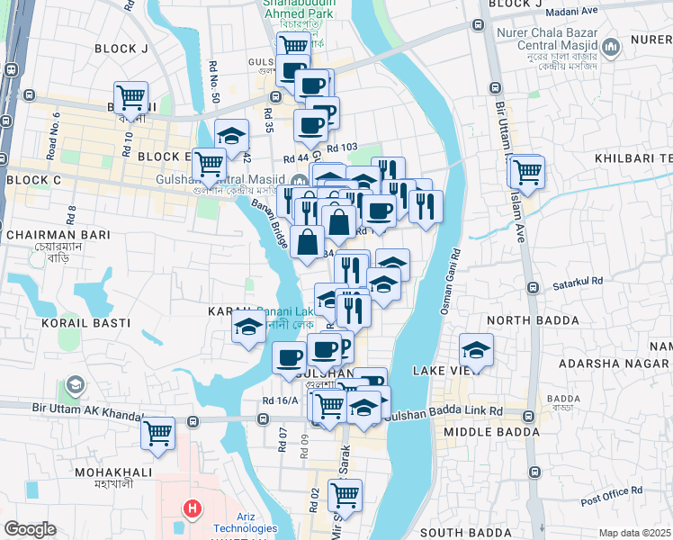 map of restaurants, bars, coffee shops, grocery stores, and more near 89 Gulshan Avenue in Dhaka