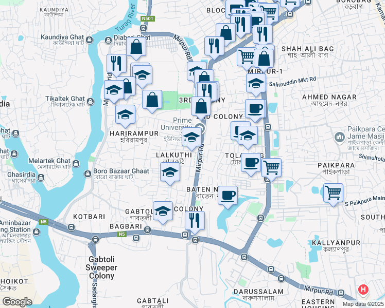 map of restaurants, bars, coffee shops, grocery stores, and more near Lalkuthi Boro Moshjid Road in Dhaka