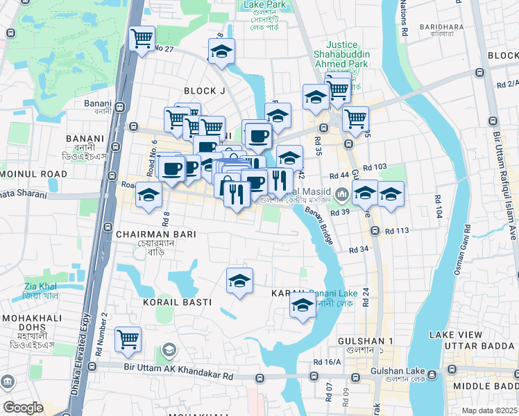 map of restaurants, bars, coffee shops, grocery stores, and more near 1213 Road Number 11 in Dhaka