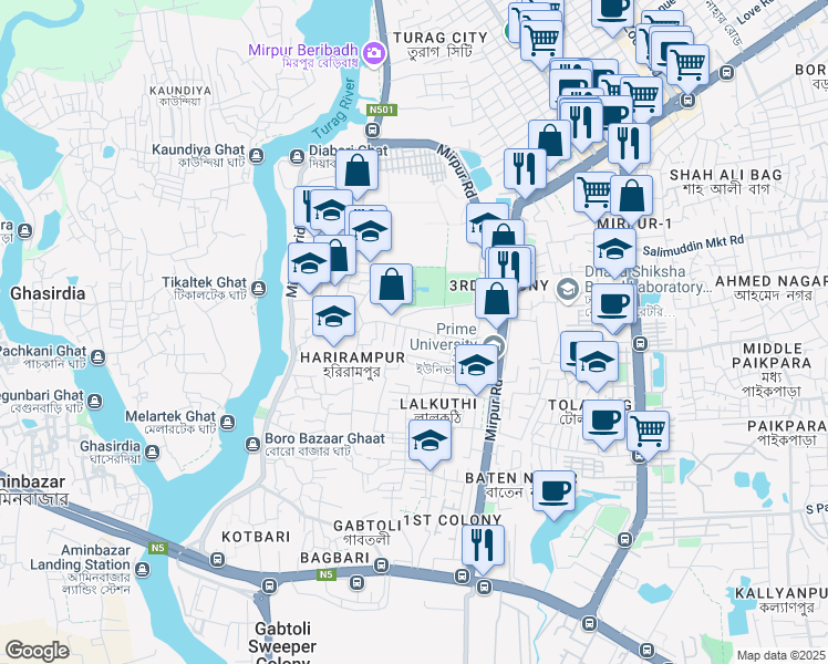 map of restaurants, bars, coffee shops, grocery stores, and more near Lalkuthi Boro Masjid Road in Dhaka