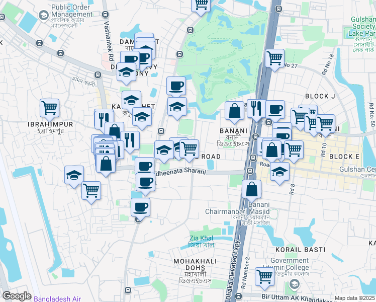 map of restaurants, bars, coffee shops, grocery stores, and more near Shaheed Moinul Road in Dhaka