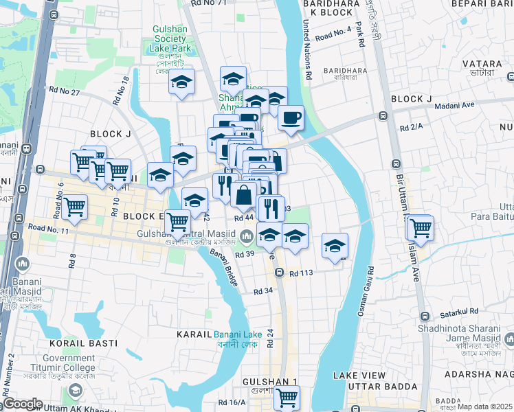 map of restaurants, bars, coffee shops, grocery stores, and more near 75 Gulshan Avenue in Dhaka