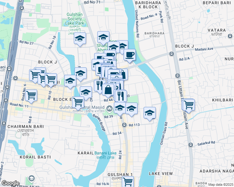 map of restaurants, bars, coffee shops, grocery stores, and more near 134 Gulshan Avenue in Dhaka