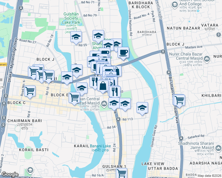 map of restaurants, bars, coffee shops, grocery stores, and more near 134 Gulshan Avenue in Dhaka