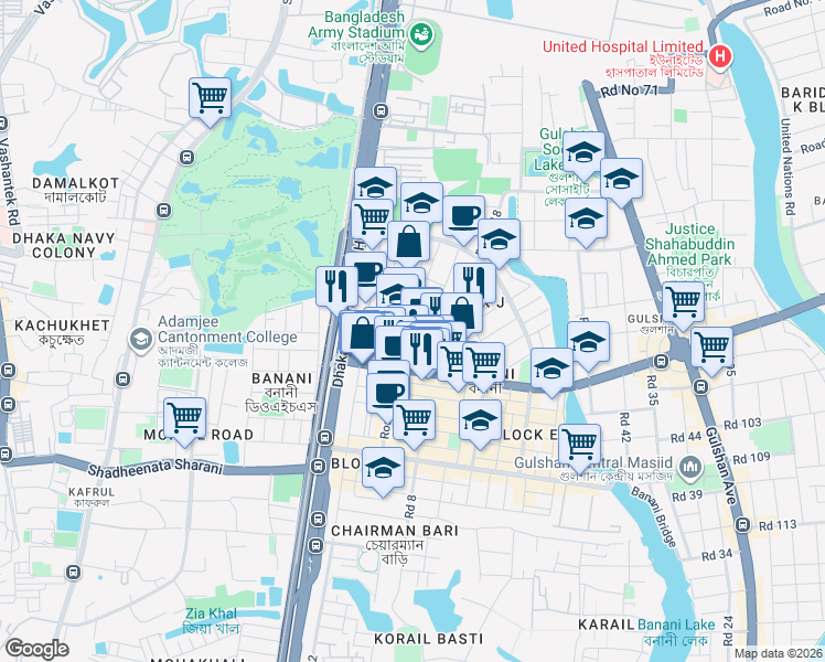 map of restaurants, bars, coffee shops, grocery stores, and more near Plot 50 Road 23 in Dhaka