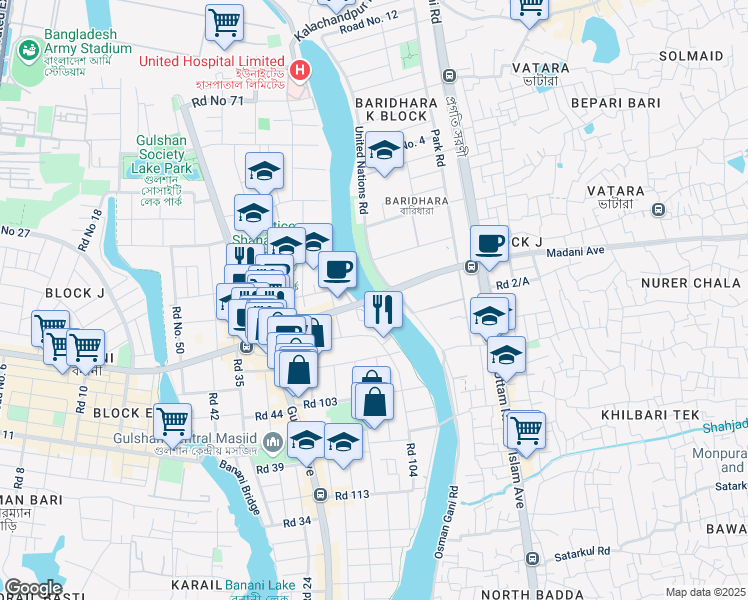 map of restaurants, bars, coffee shops, grocery stores, and more near Madani Avenue in Dhaka