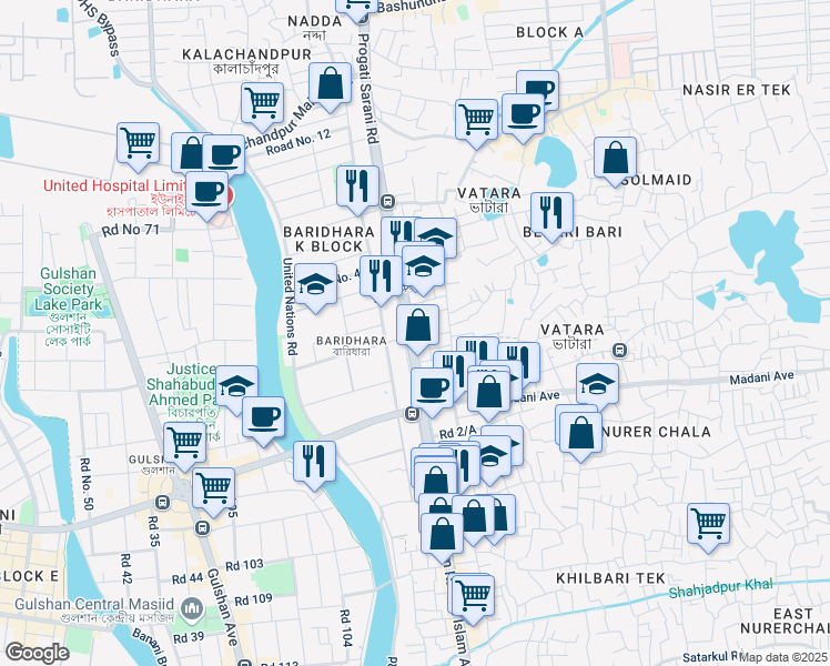 map of restaurants, bars, coffee shops, grocery stores, and more near Pragati Avenue in Dhaka