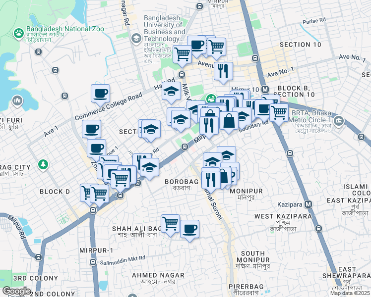 map of restaurants, bars, coffee shops, grocery stores, and more near 2 Mirpur Road in Dhaka