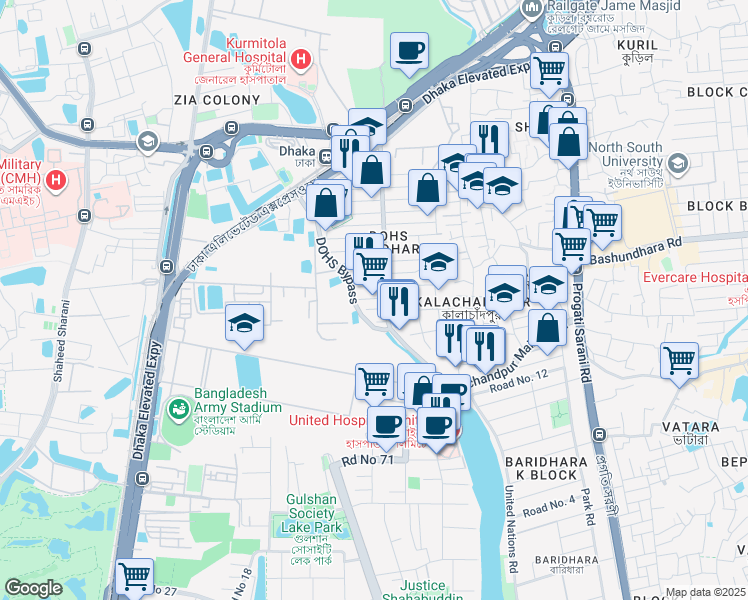 map of restaurants, bars, coffee shops, grocery stores, and more near 25 Islampur Road in Dhaka