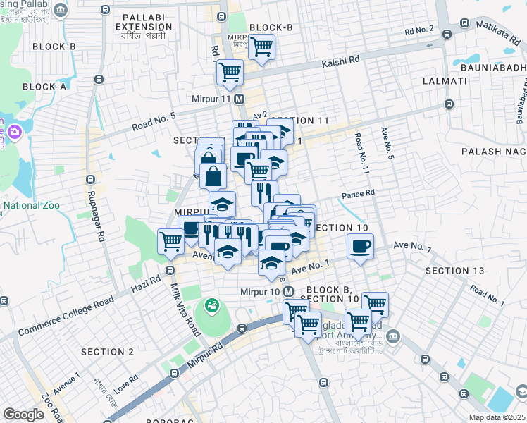 map of restaurants, bars, coffee shops, grocery stores, and more near 98 Begum Rokeya Avenue in Dhaka