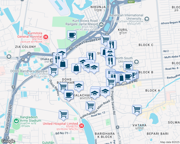 map of restaurants, bars, coffee shops, grocery stores, and more near 48 Joar Sahara Road in Dhaka