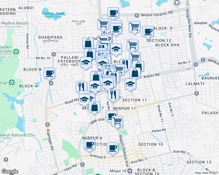 map of restaurants, bars, coffee shops, grocery stores, and more near Begum Rokeya Avenue in Dhaka