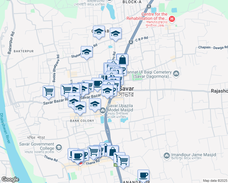 map of restaurants, bars, coffee shops, grocery stores, and more near Dhaka - Aricha Highway in Savar