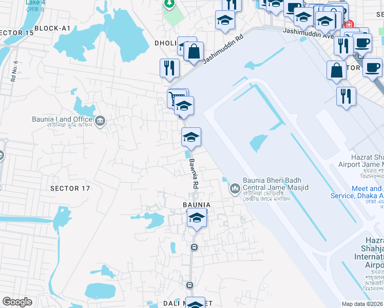 map of restaurants, bars, coffee shops, grocery stores, and more near Bawnia Road in Dhaka