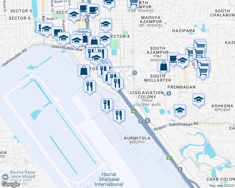 map of restaurants, bars, coffee shops, grocery stores, and more near Road No. 1 in Dhaka