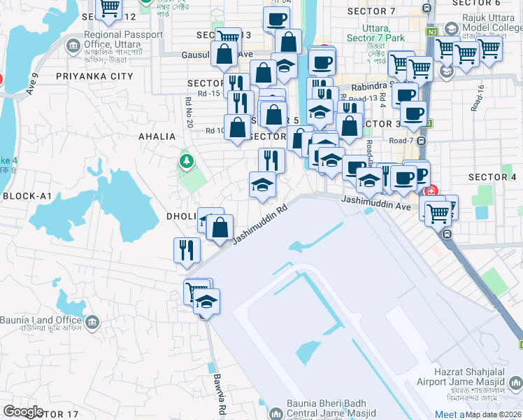 map of restaurants, bars, coffee shops, grocery stores, and more near 22 Jashimuddin Road in Dhaka