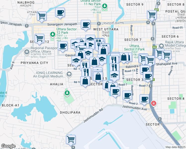 map of restaurants, bars, coffee shops, grocery stores, and more near Road - 5 in Dhaka