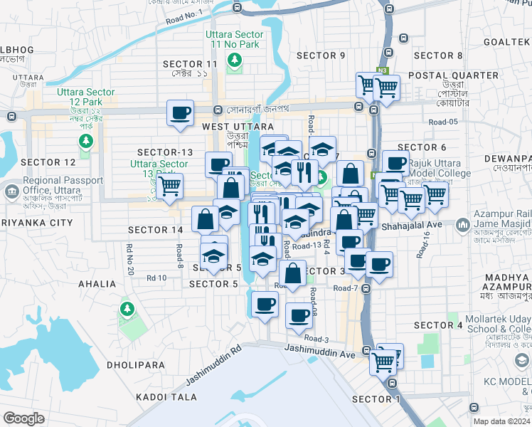 map of restaurants, bars, coffee shops, grocery stores, and more near 20 Road No 16 in Dhaka