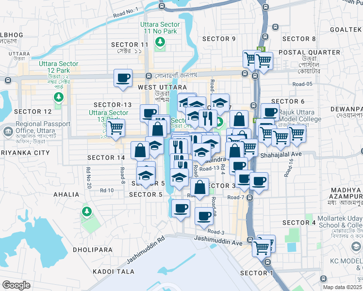 map of restaurants, bars, coffee shops, grocery stores, and more near 20 Road No 16 in Dhaka