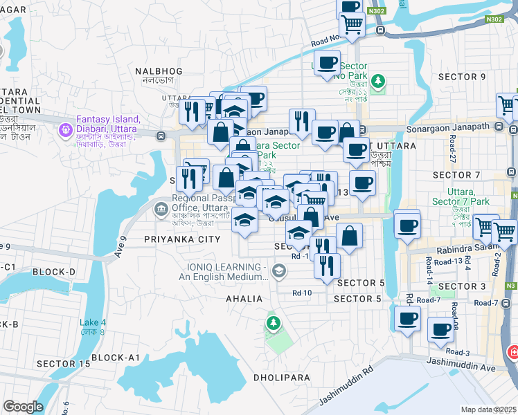 map of restaurants, bars, coffee shops, grocery stores, and more near Road - 5 in Dhaka
