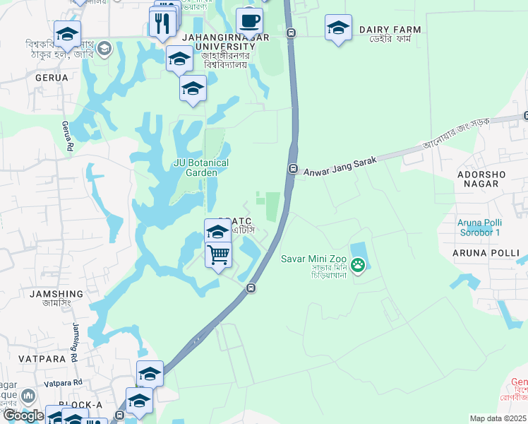 map of restaurants, bars, coffee shops, grocery stores, and more near Anwar Jang Sarak in Ashulia
