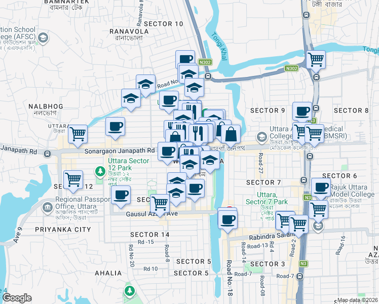 map of restaurants, bars, coffee shops, grocery stores, and more near 23&25 Sonargaon Janapath in Dhaka